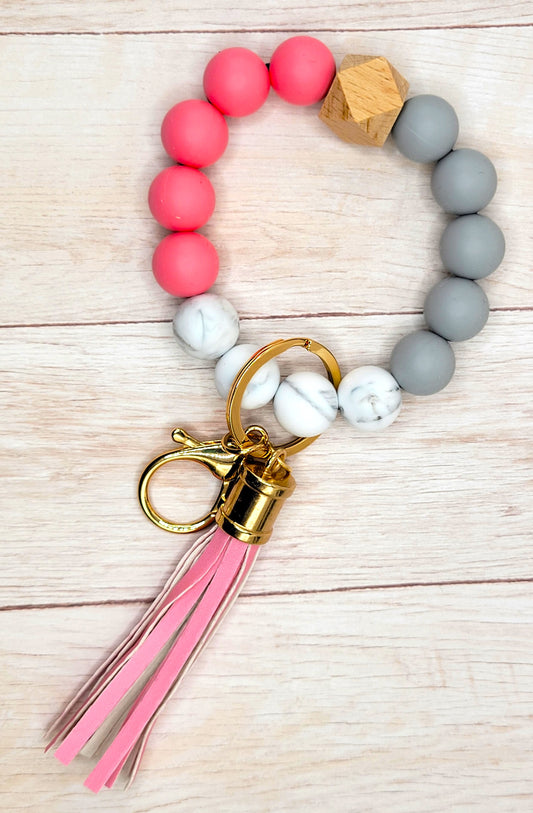 #25 Bubble Gum / Gray / Marble Silicone Wristlet Keychain w/ Tassel