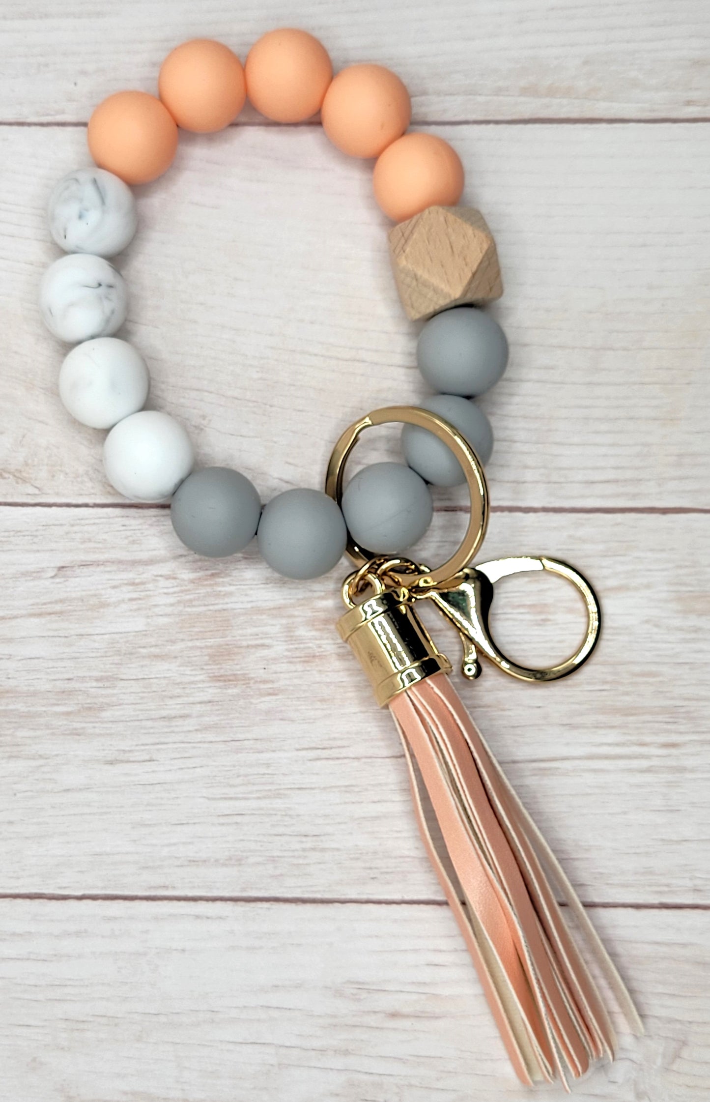 #17 Peach / Grey / Marble Silicone Wristlet Keychain w/  Tassel